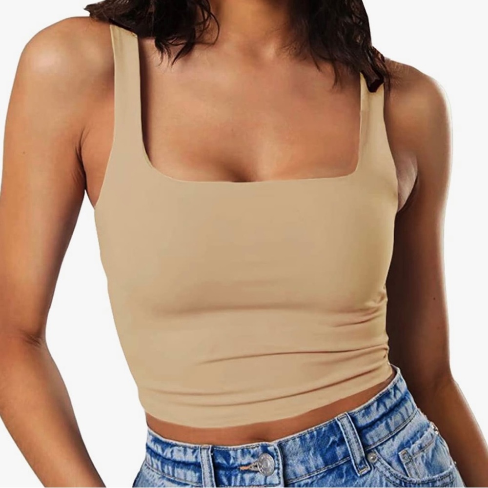 Women's Sleeveless Strappy Tank Square Neck Double Layer Crop Top